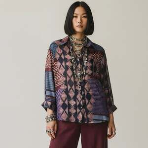 Glamorous 70s Style Boho Western Patchwork Sheer Blouse Size 10